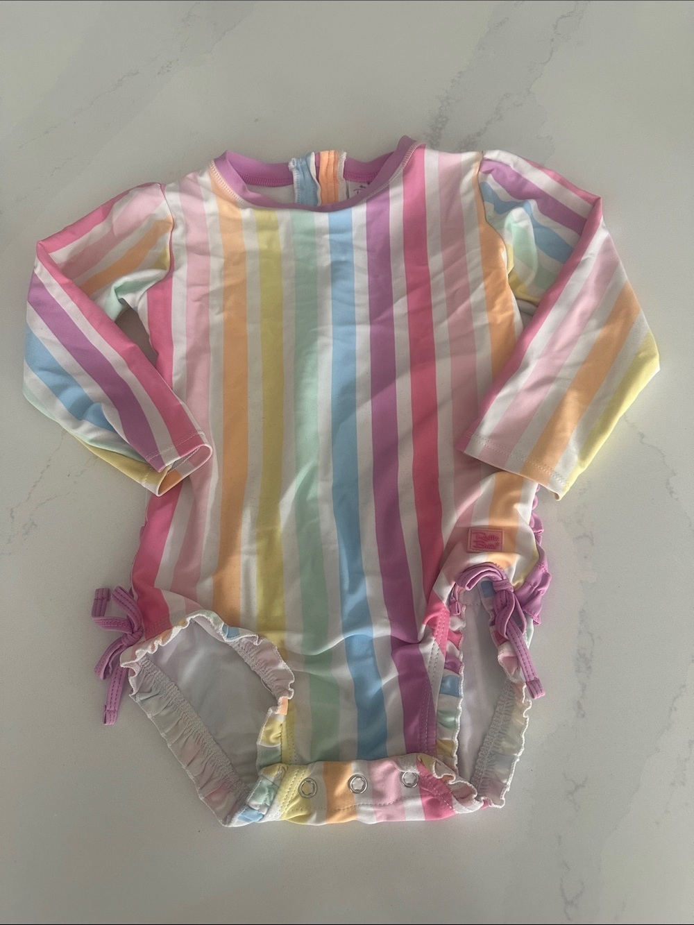 Ruffle Butts Long Sleeve One Piece RashGuard SwimSuit Pastel Rainbow Stripes 3T